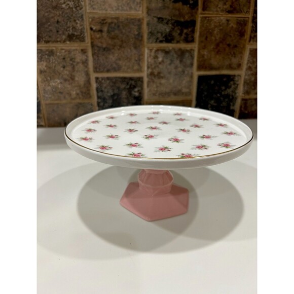 Cake Stand Grace's Teaware Porcelain Rose Flowers on Pink Pedestal Gold Trim - Picture 1 of 11